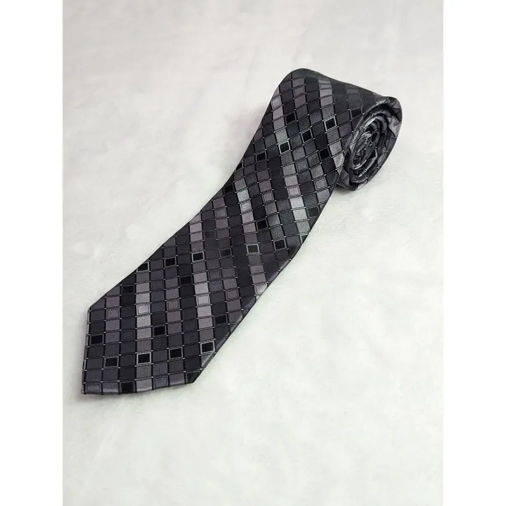 Vintage ck Calvin Klein Silk Necktie Gray Black Checkered Geometric Y2K 3.25